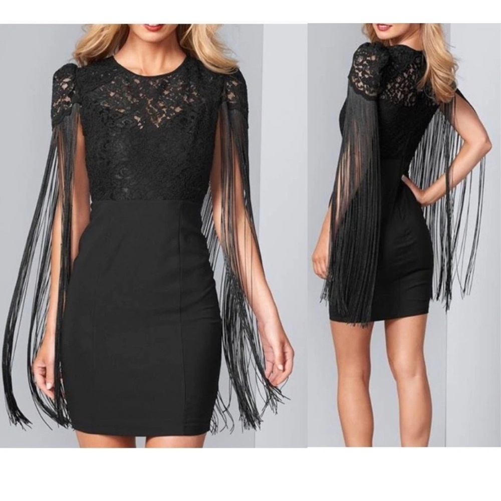 Black Lace Dress with Long Fringe Sleeves M-L NWOT 🔥